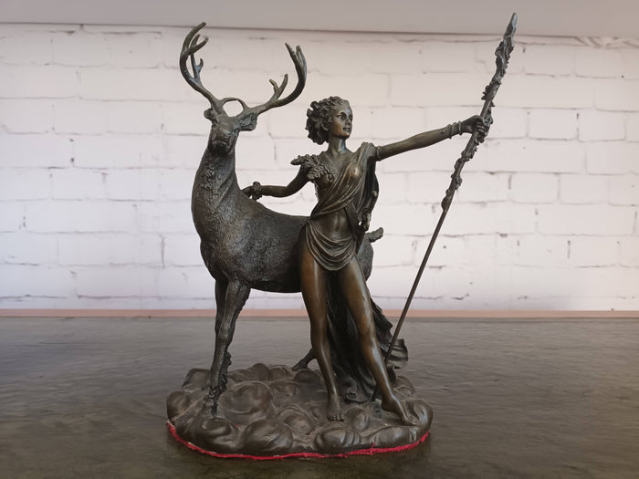 Vintage Bronze Sculpture LARGE Stag Diana Huntress Statue Goddess Hunt 1960