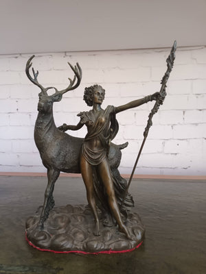 Vintage Bronze Sculpture LARGE Stag Diana Huntress Statue Goddess Hunt 1960