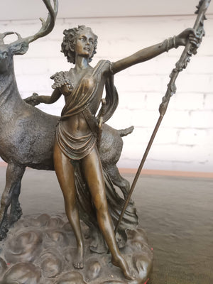 Vintage Bronze Sculpture LARGE Stag Diana Huntress Statue Goddess Hunt 1960