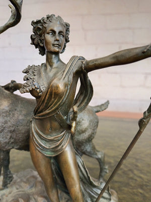 Vintage Bronze Sculpture LARGE Stag Diana Huntress Statue Goddess Hunt 1960