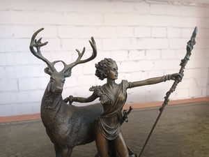 Vintage Bronze Sculpture LARGE Stag Diana Huntress Statue Goddess Hunt 1960