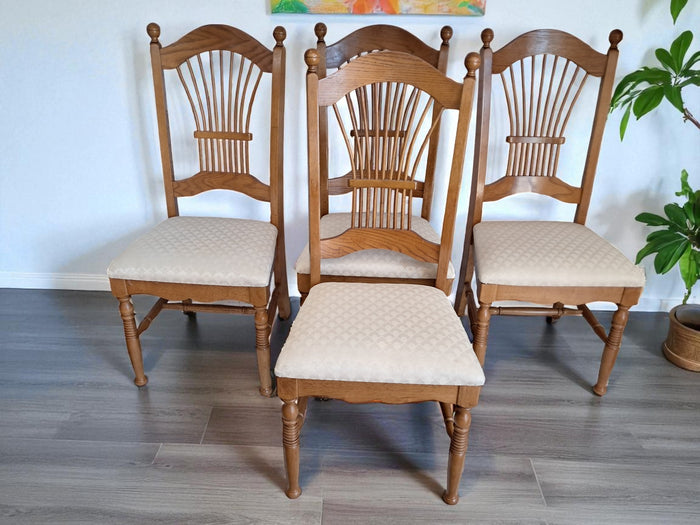 Vintage French Country Dining Chairs Fan Wheat Back Chairs Oak x 4 | 1980's