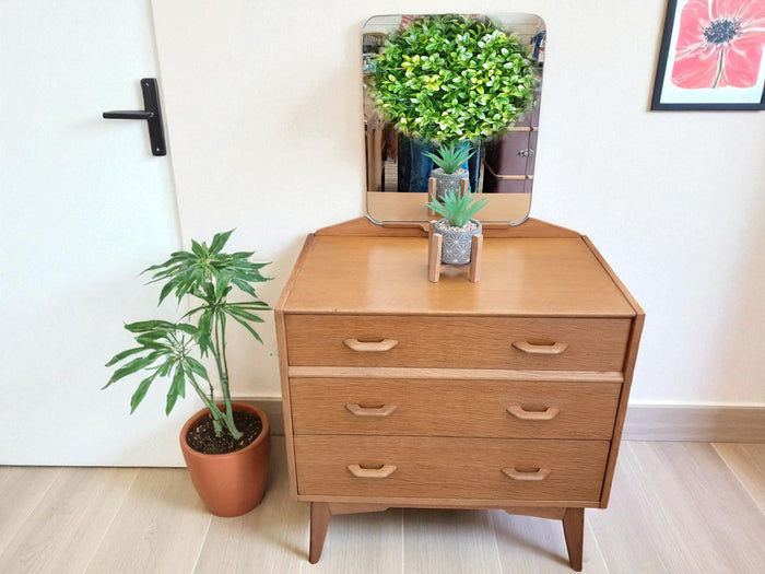 Mid Century G Plan Brandon Oak Dressing Table | Chest of Drawers + Mirror 1960 Compact