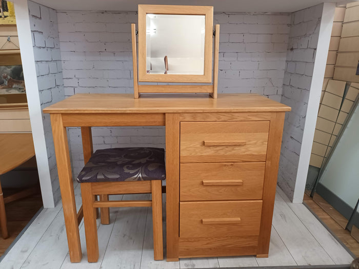 Vintage Retro Dressing Table Desk Country Style Solid Oak Stool & Mirror