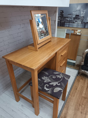 Vintage Retro Dressing Table Desk Country Style Solid Oak Stool & Mirror