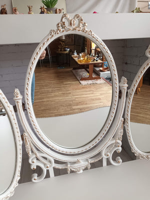 Vintage Queen Anne LARGE Dressing Table French Louis XV Style Snow White & Gold + Mirror Refurbished