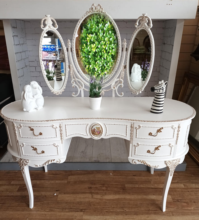 Vintage Queen Anne LARGE Dressing Table French Louis XV Style Snow White & Gold + Mirror Refurbished