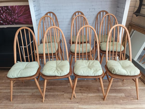 Vintage Ercol Windsor Quaker Dining Chairs x 8 - Light Elm Mid Century Chairs VGC + FREE Seat Cushions