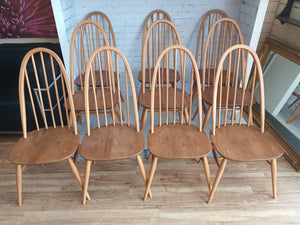 Vintage Ercol Windsor Quaker Dining Chairs x 8 - Light Elm Mid Century Chairs VGC + FREE Seat Cushions