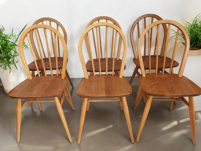 Vintage Ercol Windsor Dining Chairs  x 6 - Light Elm Mid Century Chairs VGC