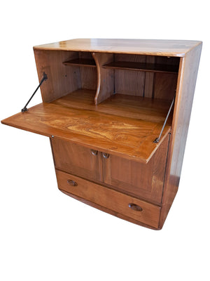 Vintage Ercol 469 Elm Writing Bureau Desk Drinks Cupboard | Mid Century Cocktail Cabinet