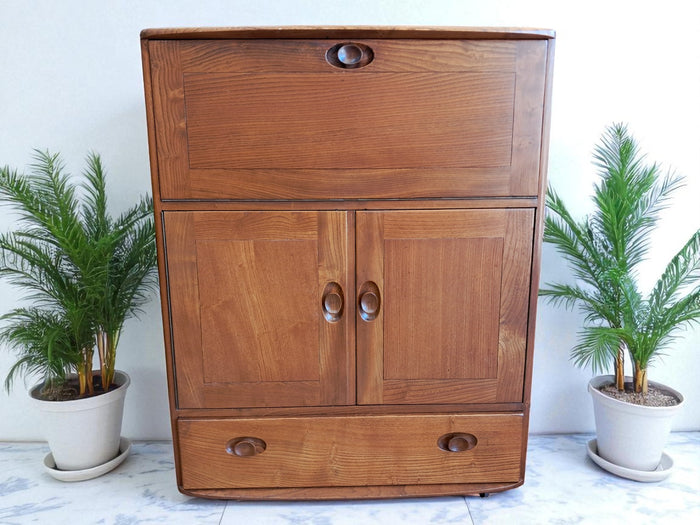 Vintage Ercol 469 Elm Writing Bureau Desk Drinks Cupboard | Mid Century Cocktail Cabinet