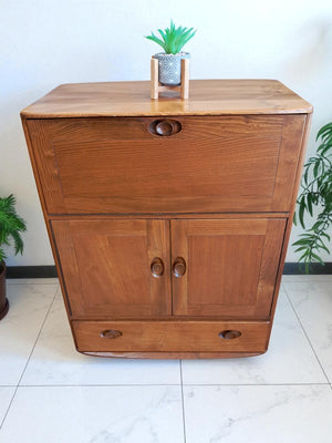 Vintage Ercol 469 Elm Writing Bureau Desk Drinks Cupboard | Mid Century Cocktail Cabinet