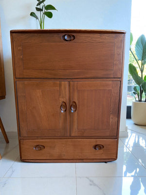 Vintage Ercol 469 Elm Writing Bureau Desk Drinks Cupboard | Mid Century Cocktail Cabinet
