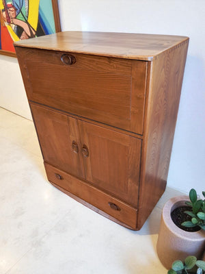 Vintage Ercol 469 Elm Writing Bureau Desk Drinks Cupboard | Mid Century Cocktail Cabinet