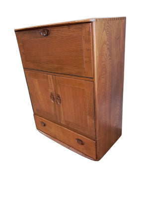 Vintage Ercol 469 Elm Writing Bureau Desk Drinks Cupboard | Mid Century Cocktail Cabinet