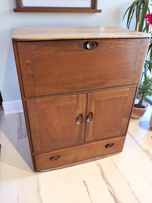 Vintage Ercol 469 Elm Writing Bureau Desk Drinks Cupboard | Mid Century Cocktail Cabinet