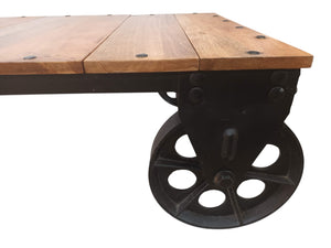 Vintage Coffee Table Industrial Style Rustic Retro Wood & Iron Wheels 1980
