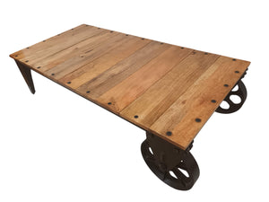 Vintage Coffee Table Industrial Style Rustic Retro Wood & Iron Wheels 1980
