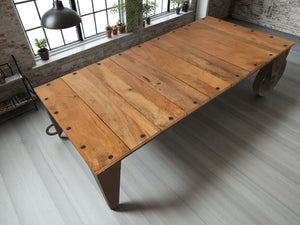 Vintage Coffee Table Industrial Style Rustic Retro Wood & Iron Wheels 1980