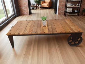 Vintage Coffee Table Industrial Style Rustic Retro Wood & Iron Wheels 1980
