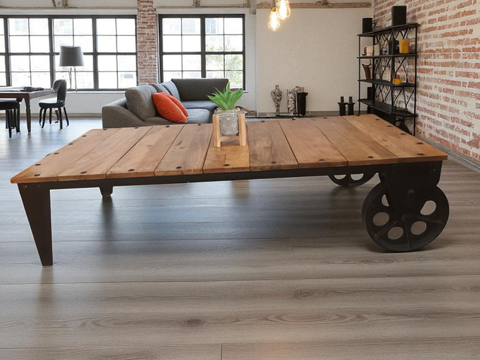 Vintage Coffee Table Industrial Style Rustic Retro Wood & Iron Wheels 1980