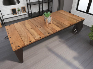 Vintage Coffee Table Industrial Style Rustic Retro Wood & Iron Wheels 1980