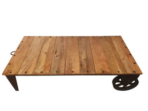 Vintage Coffee Table Industrial Style Rustic Retro Wood & Iron Wheels 1980