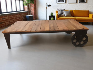 Vintage Coffee Table Industrial Style Rustic Retro Wood & Iron Wheels 1980