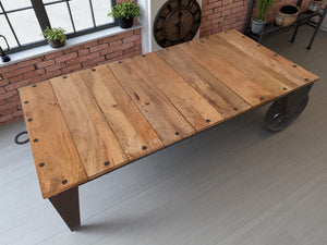 Vintage Coffee Table Industrial Style Rustic Retro Wood & Iron Wheels 1980