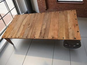 Vintage Coffee Table Industrial Style Rustic Retro Wood & Iron Wheels 1980