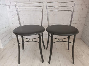 Mid Century Pair Italian Chrome & Leather Chairs Black 1980's Dining Chairs Bistro
