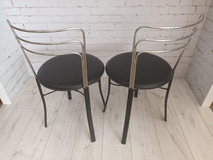 Mid Century Pair Italian Chrome & Leather Chairs Black 1980's Dining Chairs Bistro