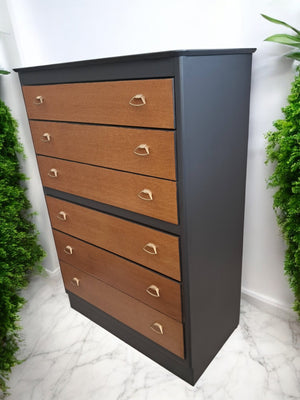 Vintage Mid Century Tallboy Chest of Drawers Retro Oak 6 Drawer Leebus Restored