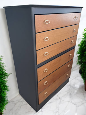 Vintage Mid Century Tallboy Chest of Drawers Retro Oak 6 Drawer Leebus Restored