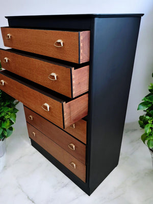 Vintage Mid Century Tallboy Chest of Drawers Retro Oak 6 Drawer Leebus Restored