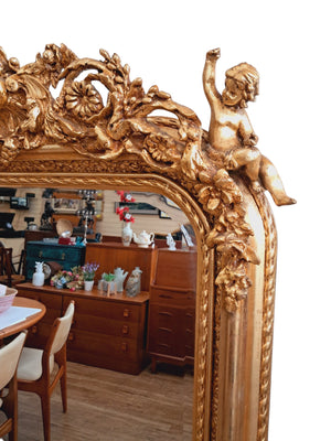Vintage Mirror LARGE French Louis XV Style Ornate Scroll Cherub Gilt Framed Wall Mirror Rococo
