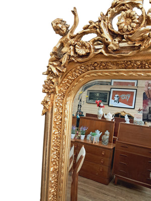 Vintage Mirror LARGE French Louis XV Style Ornate Scroll Cherub Gilt Framed Wall Mirror Rococo
