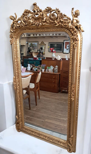 Vintage Mirror LARGE French Louis XV Style Ornate Scroll Cherub Gilt Framed Wall Mirror Rococo