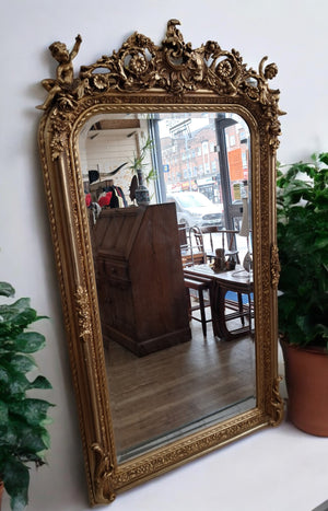 Vintage Mirror LARGE French Louis XV Style Ornate Scroll Cherub Gilt Framed Wall Mirror Rococo