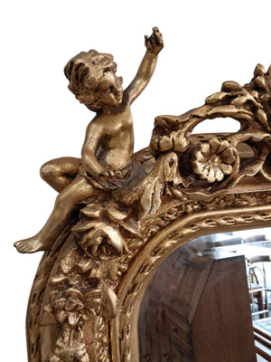 Vintage Mirror LARGE French Louis XV Style Ornate Scroll Cherub Gilt Framed Wall Mirror Rococo
