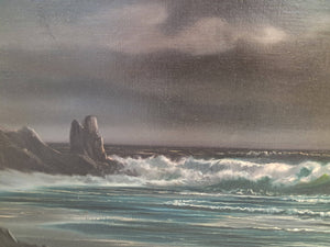 Vintage Oil Painting Canvas Moonlit Beach Seascape Framed Coastal Art Moonlight Beardsley 1960's