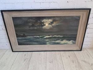 Vintage Oil Painting Canvas Moonlit Beach Seascape Framed Coastal Art Moonlight Beardsley 1960's