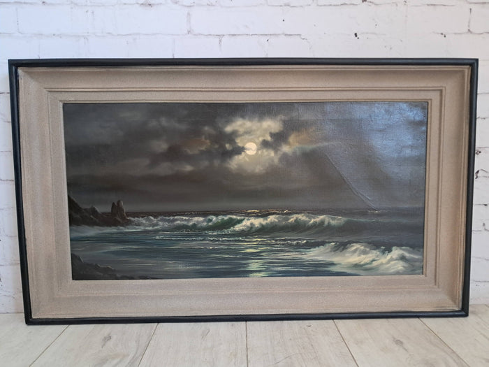 Vintage Oil Painting Canvas Moonlit Beach Seascape Framed Coastal Art Moonlight Beardsley 1960's