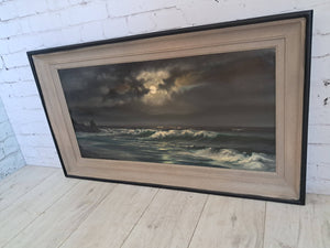 Vintage Oil Painting Canvas Moonlit Beach Seascape Framed Coastal Art Moonlight Beardsley 1960's