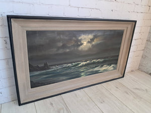 Vintage Oil Painting Canvas Moonlit Beach Seascape Framed Coastal Art Moonlight Beardsley 1960's