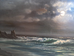 Vintage Oil Painting Canvas Moonlit Beach Seascape Framed Coastal Art Moonlight Beardsley 1960's