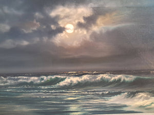 Vintage Oil Painting Canvas Moonlit Beach Seascape Framed Coastal Art Moonlight Beardsley 1960's
