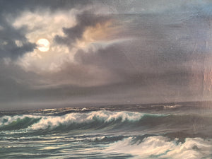 Vintage Oil Painting Canvas Moonlit Beach Seascape Framed Coastal Art Moonlight Beardsley 1960's