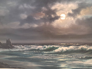 Vintage Oil Painting Canvas Moonlit Beach Seascape Framed Coastal Art Moonlight Beardsley 1960's
